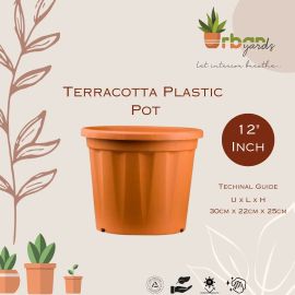 12-inch Plastic Pot Terracotta | Margin Up To 39% | MOQ - 15000 | Material: Pots | Color: Terracotta | Product Dimensions: 30cm U x 22cm L x 25cm H Centimeters | Special Feature: Lightweight, UV-resistant | GST & Delivery Charges Included | Click For More
